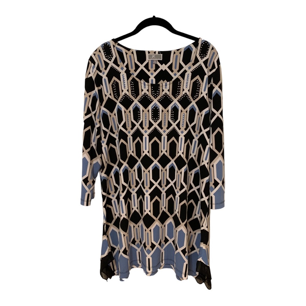 JM Collection Black & White Tunic Dress w/ Blue Jeweled Detail Sz XL